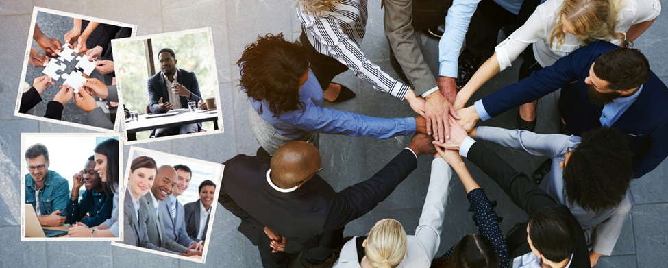 Divers collègues réunis en cercle suggérant la collaboration et le travail d’équipe. Images supplémentaires plus petites représentant divers collègues travaillant ensemble pour résoudre des tâches.